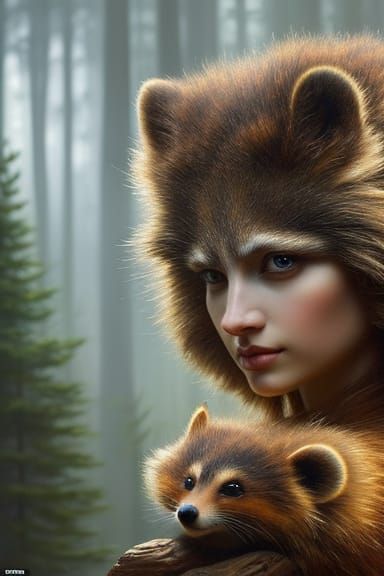 Woman with Raccoon Portrait in Digital Art Style