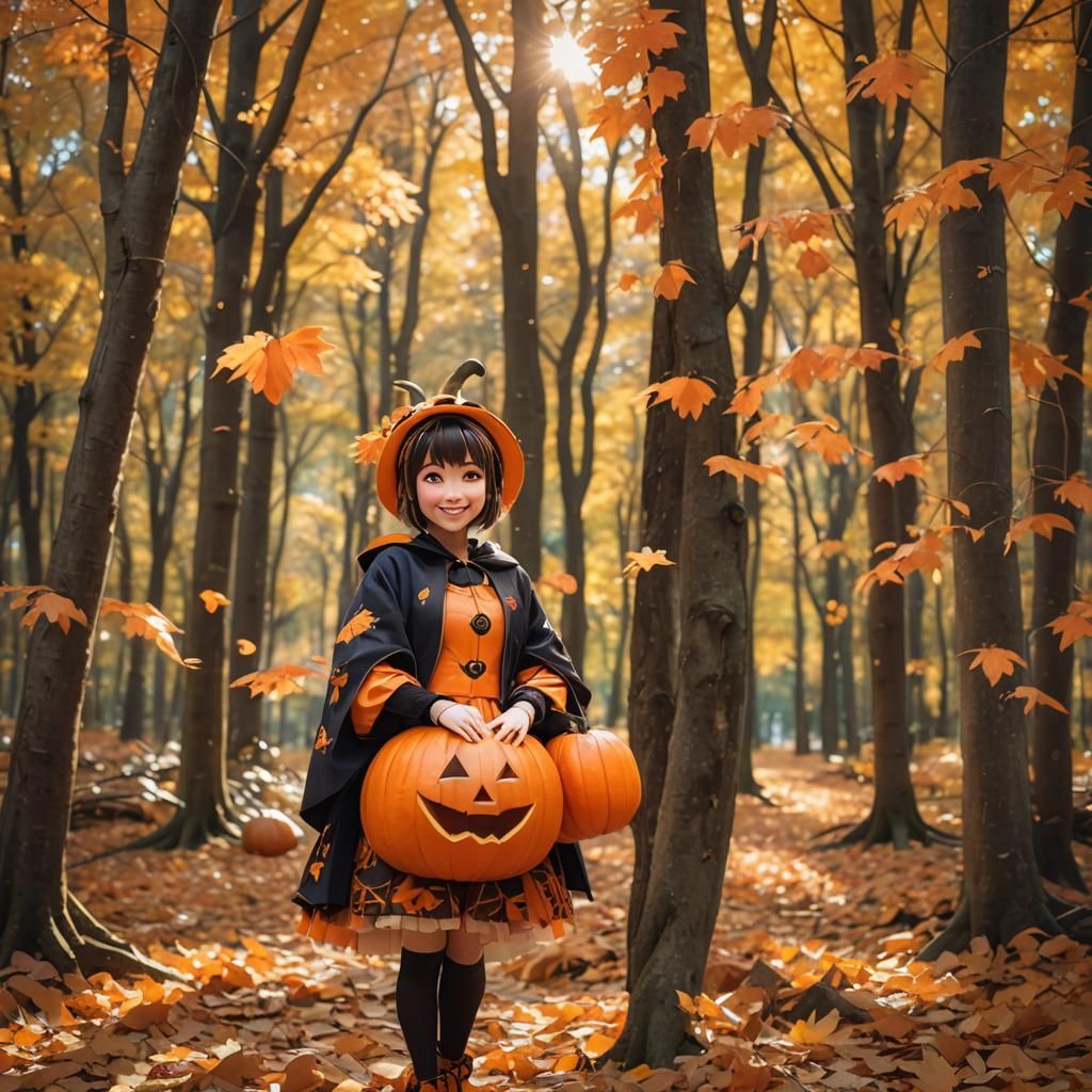 Pumpkin Girl in Autumn Forest, Anime Key Visual