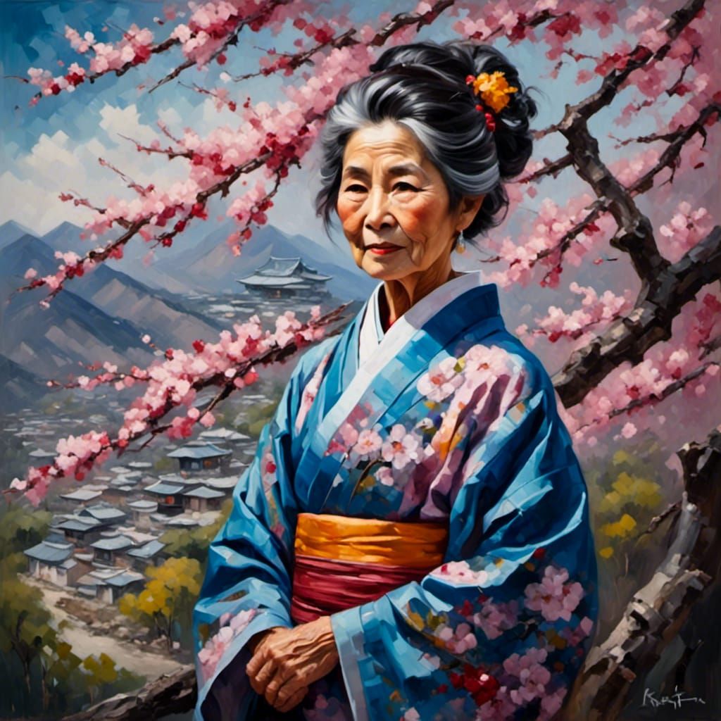 Japanese Lady in Sakura Blossom, Impasto Portrait