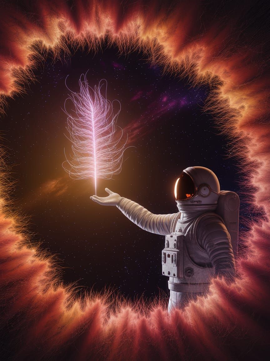 Astronaut Reaches for Giant Alien Plant in Cosmic Nebula