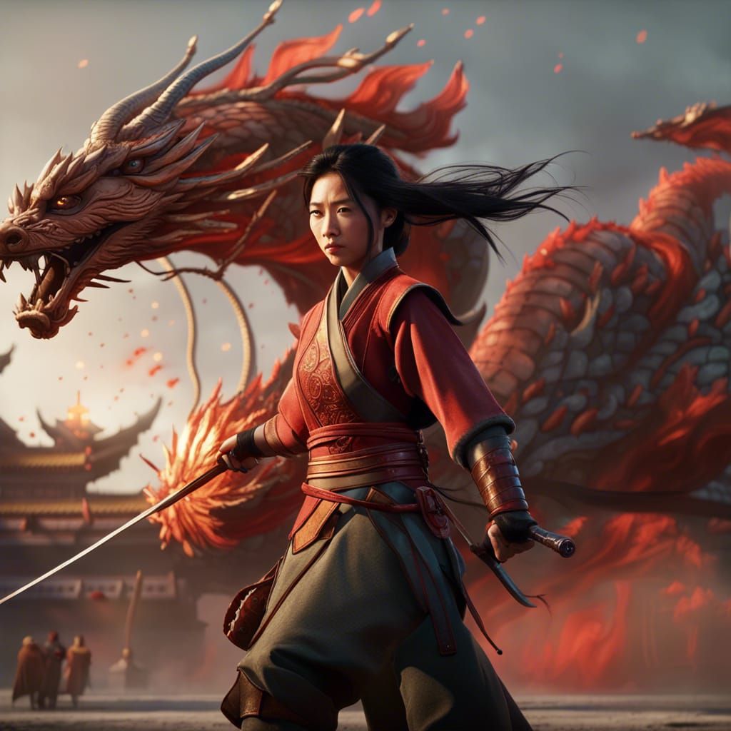 Mulan and Dragon in Dystopian Battlefield