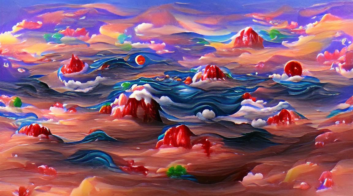 Blood Moon Over Candyland Islands: Hyperrealistic Gouache Ar...