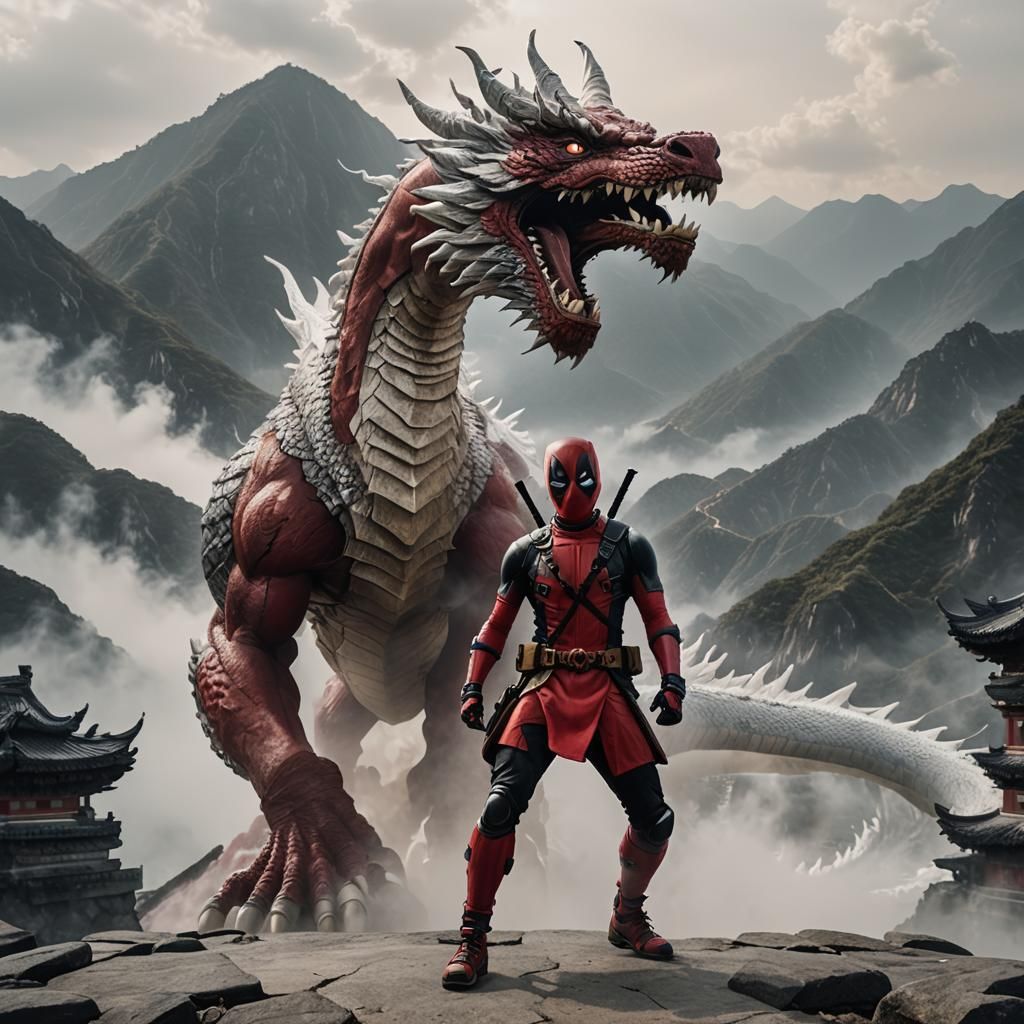 Boy in Deadpool Costume with Dragon in Cinematic Style