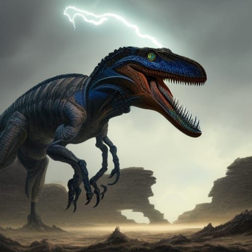 Cyborg Velociraptor Roaring in Destroyed World