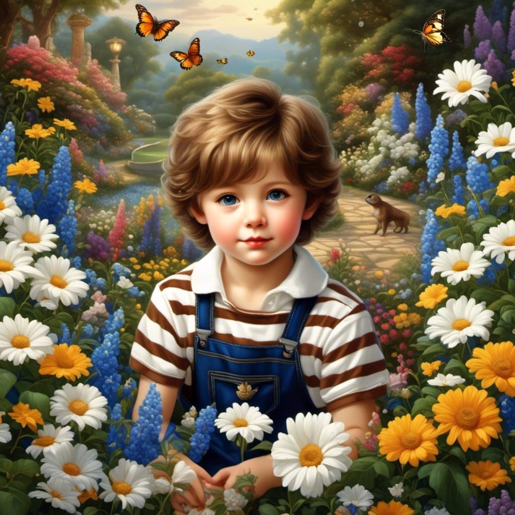 Boy in Vibrant Garden with Nightingale and Bee