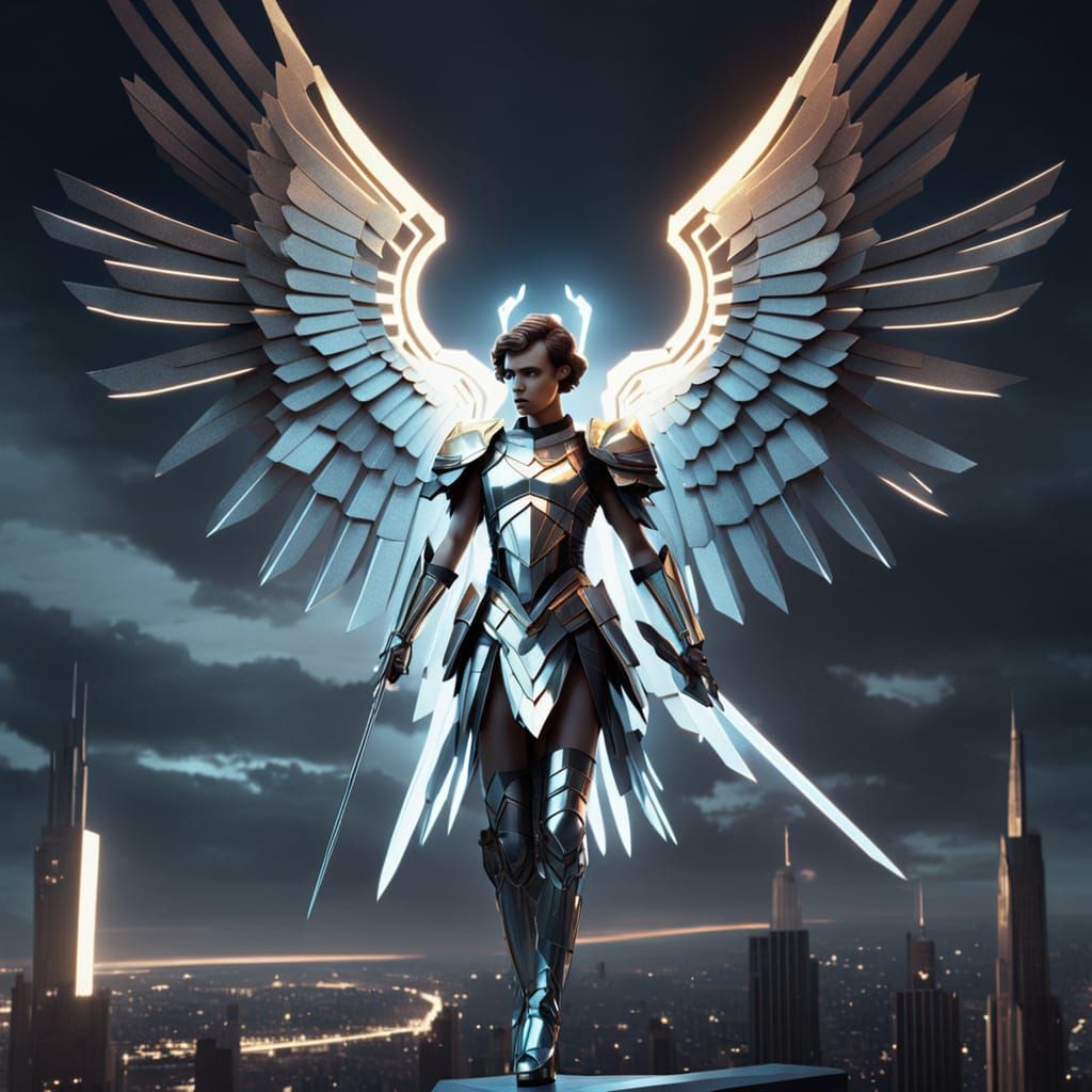 Art Deco Angel on Rooftop Overlooking Futuristic City