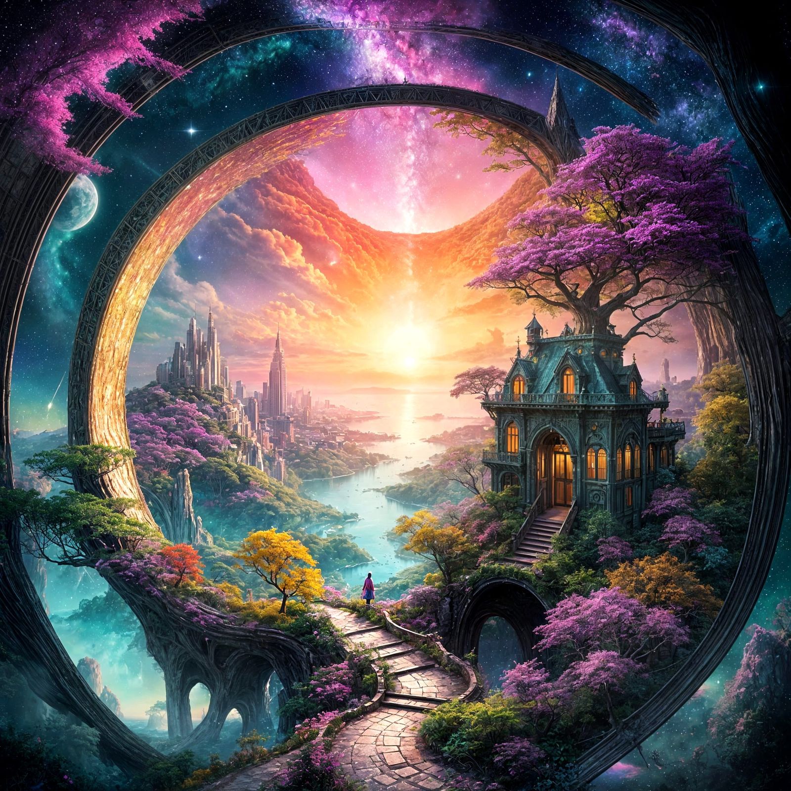 Surreal Stargate Portal in Whimsical Victorian Landscape