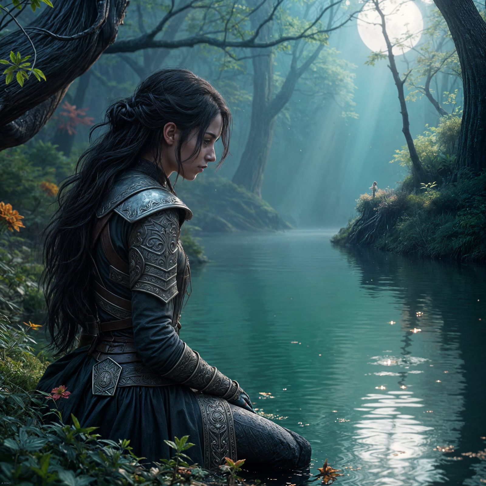 Moonlit Reflection: A Warrior's Fantasy Concept Art