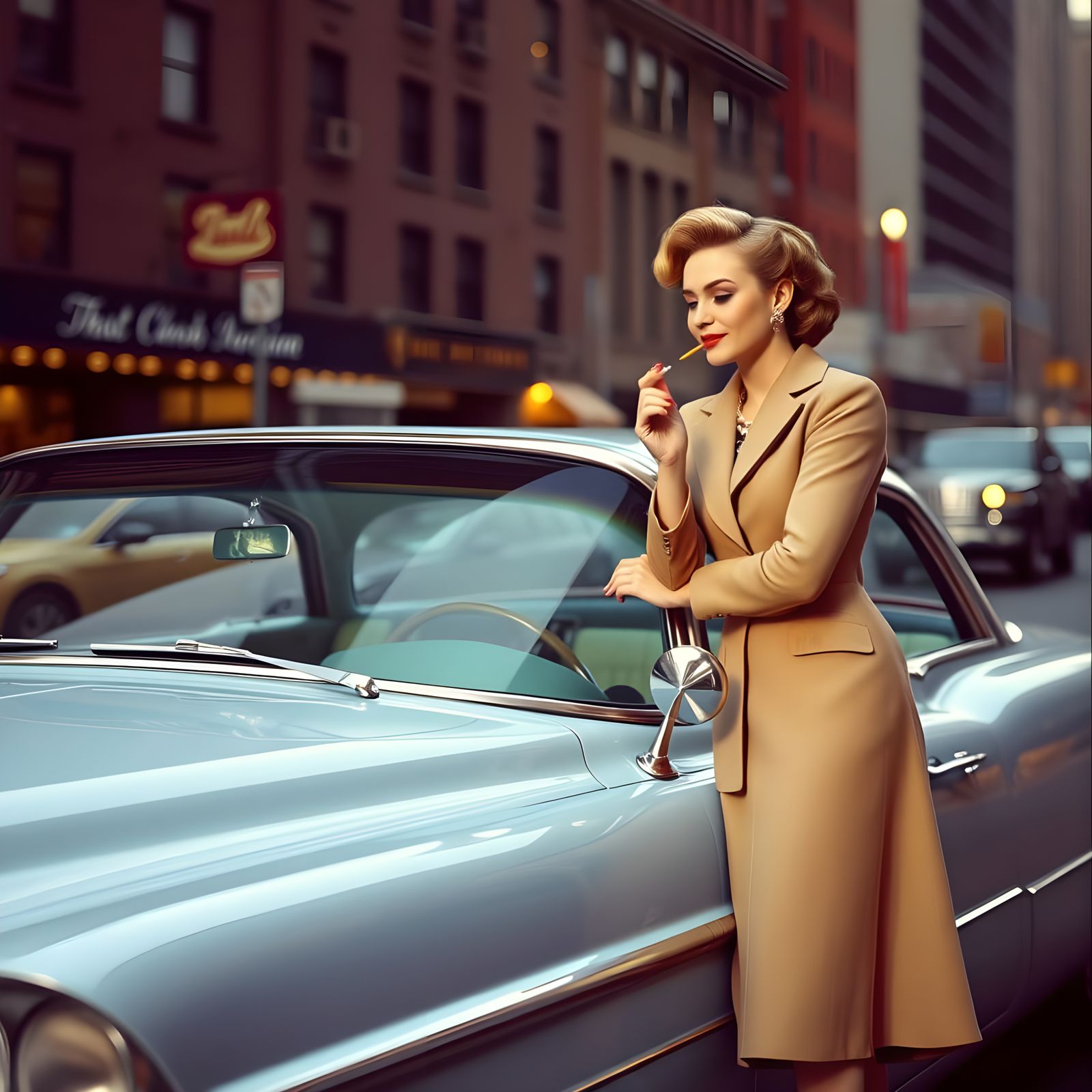Classy Lady Leans on 1950s Cadillac