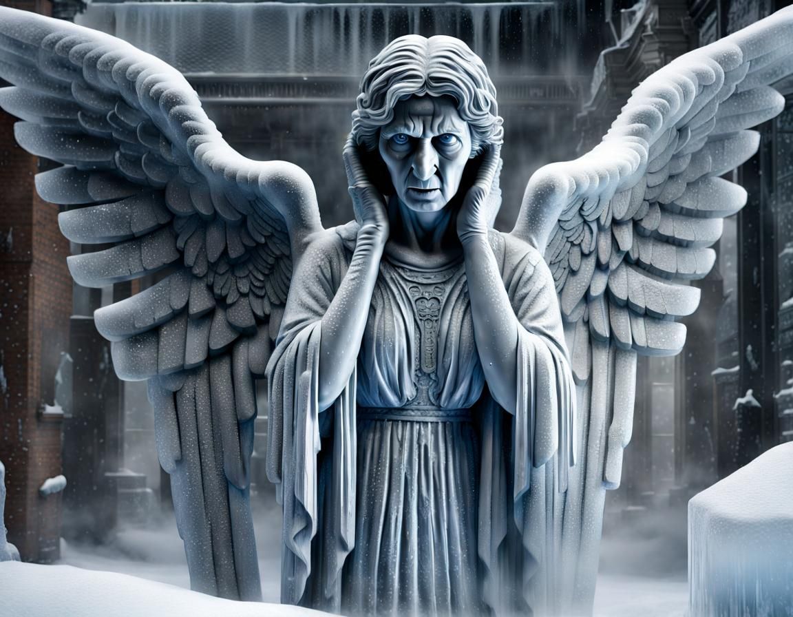 Intricate Ice Sculpture of Weeping Angel