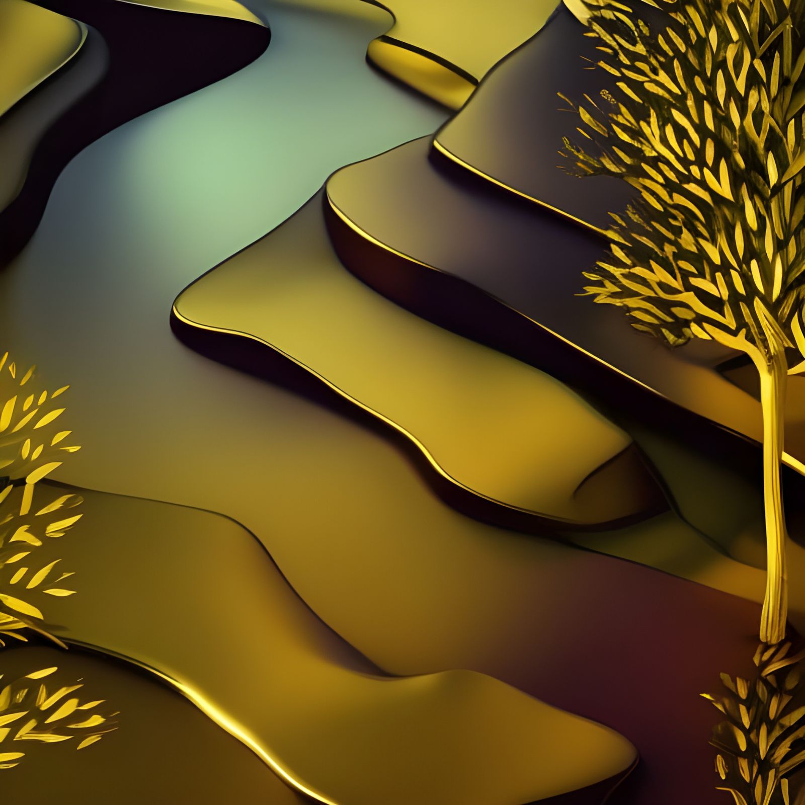 Gold Forest and River Impasto Painting