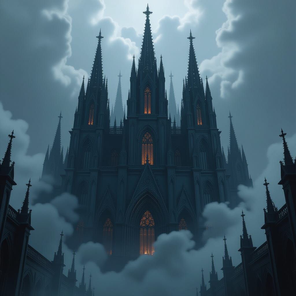 Floating Gothic Cathedral Above Dark Energy Vortex