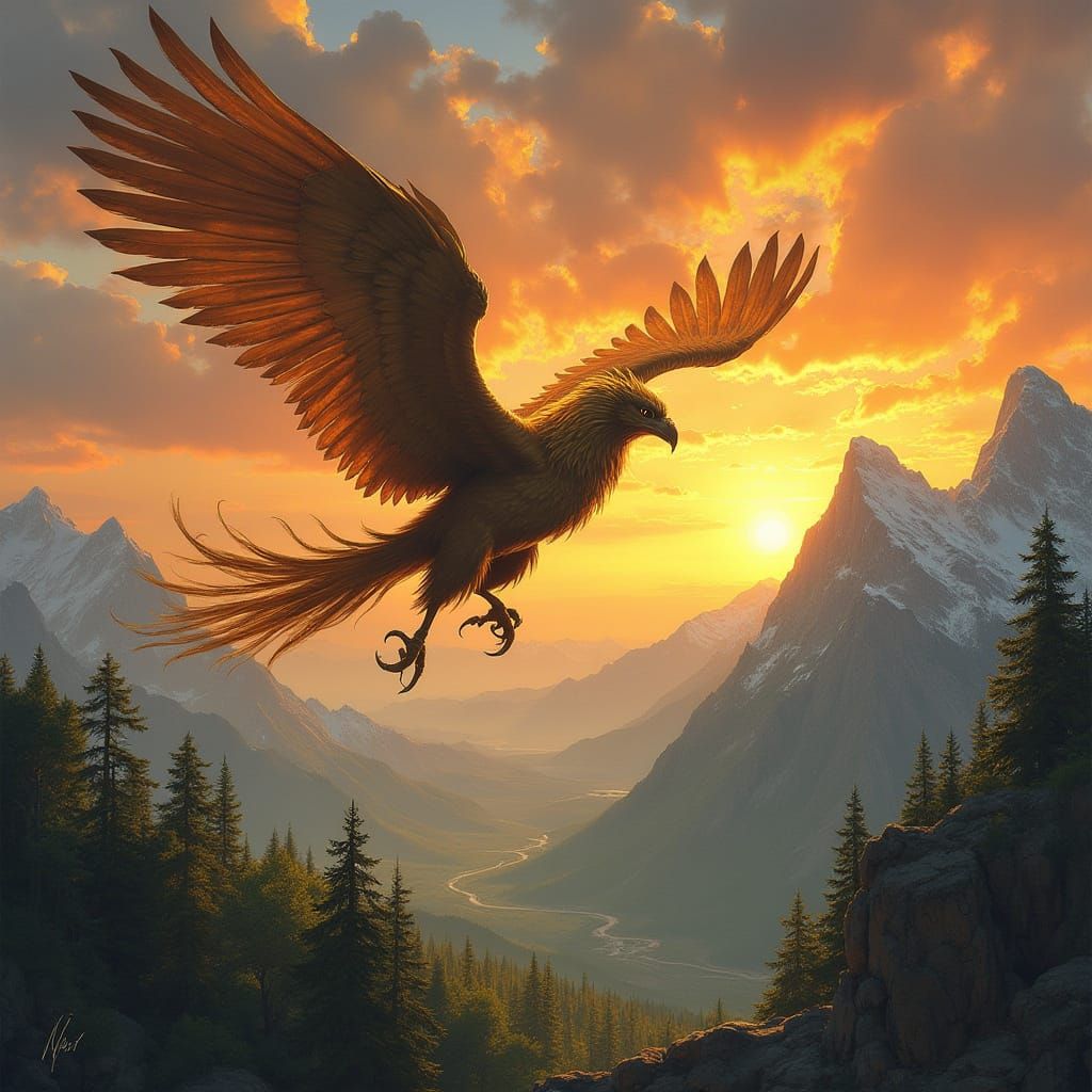 Griffin Soaring Through Sunset: Fantasy Illustration
