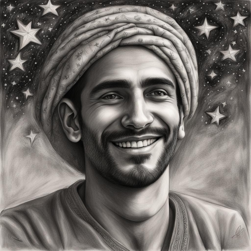 Man Holding Earth and Stars: Charcoal Drawing