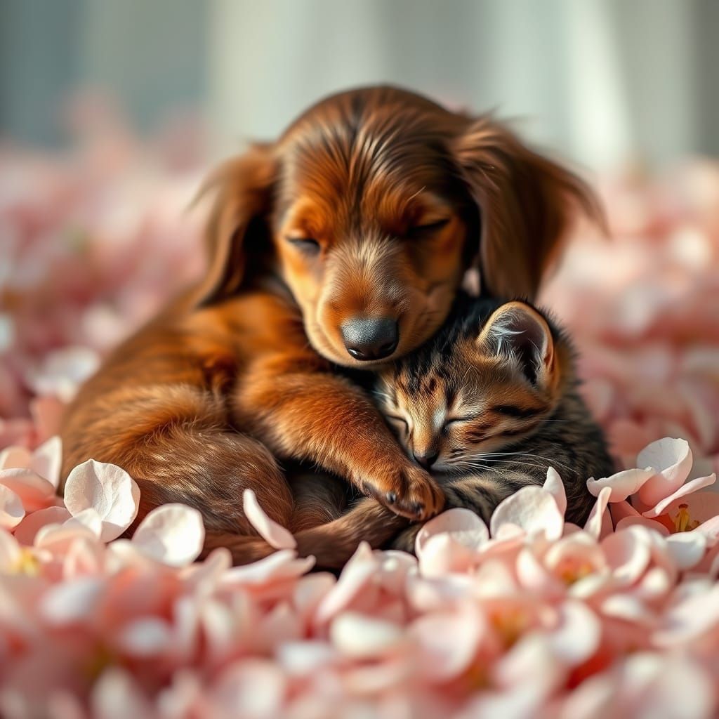 Snuggled Brown Puppies in a Petal Paradise