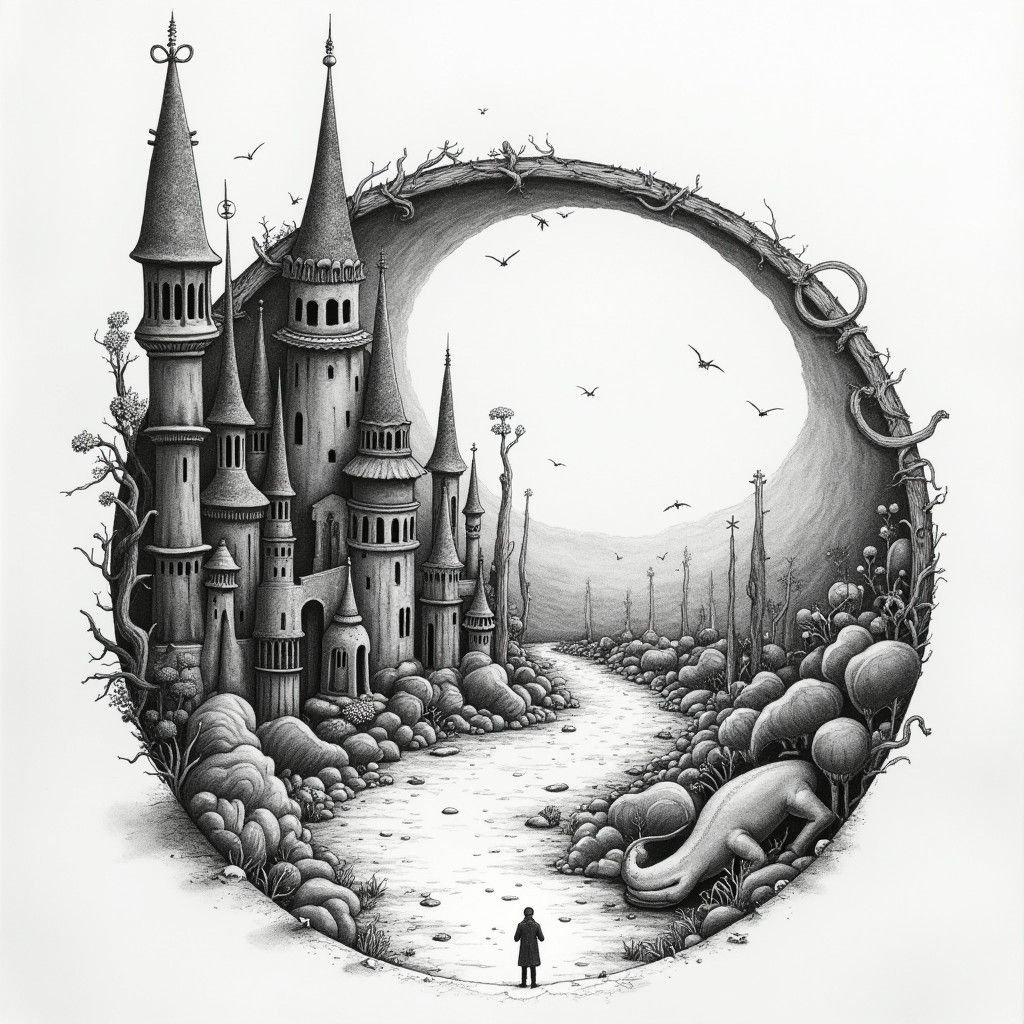 Miniature World Beyond Circle in Black and White Style