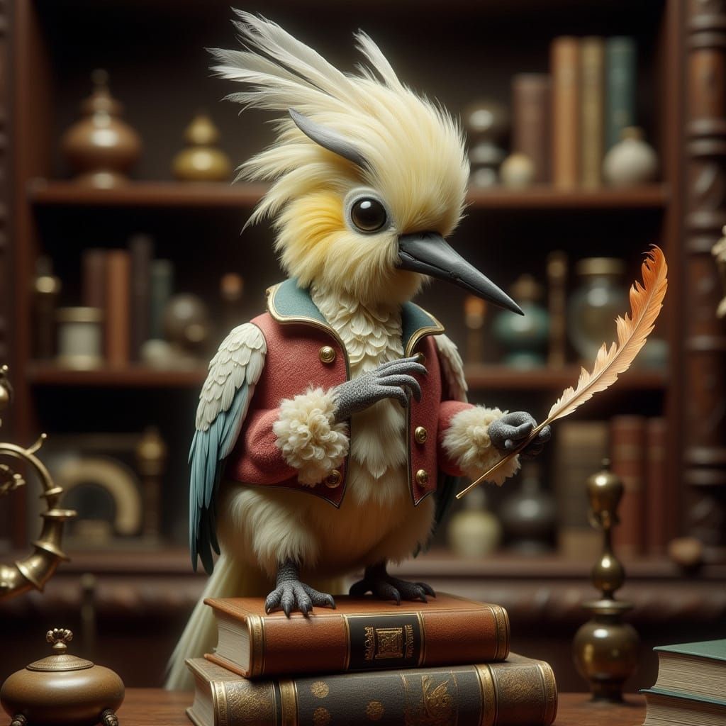 Anthropomorphic Cockatoo Perches on Books in Cozy Study
