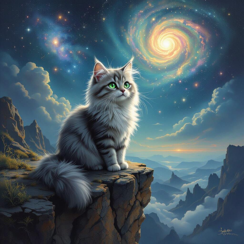 Cute Cat on Cliff Under Starry Night Sky