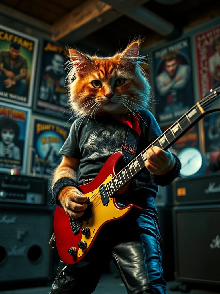 Rebellious Cat Rocks Electric Guitar in Dim Garage