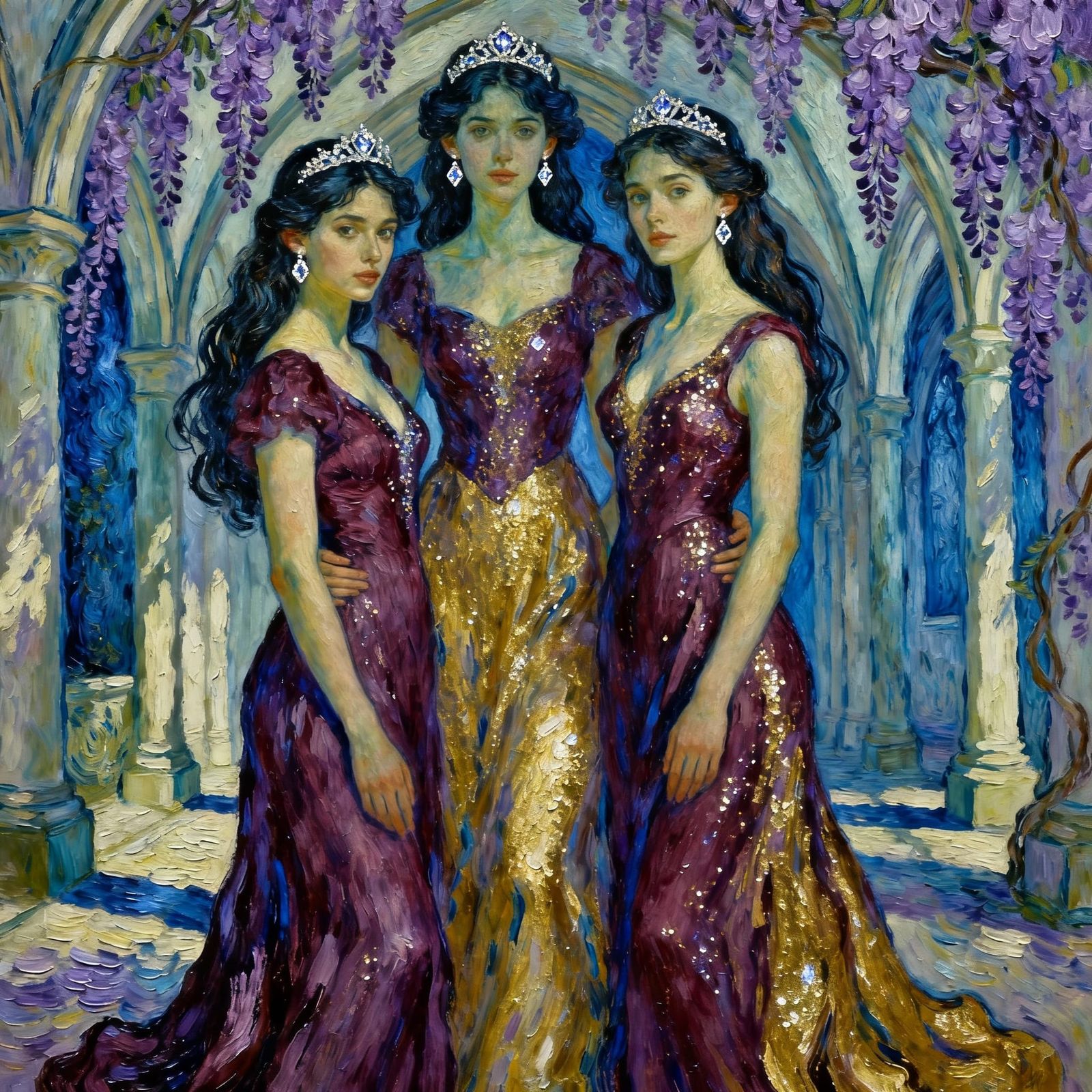 Four Elegant Princesses in Gothic Wisteria Setting