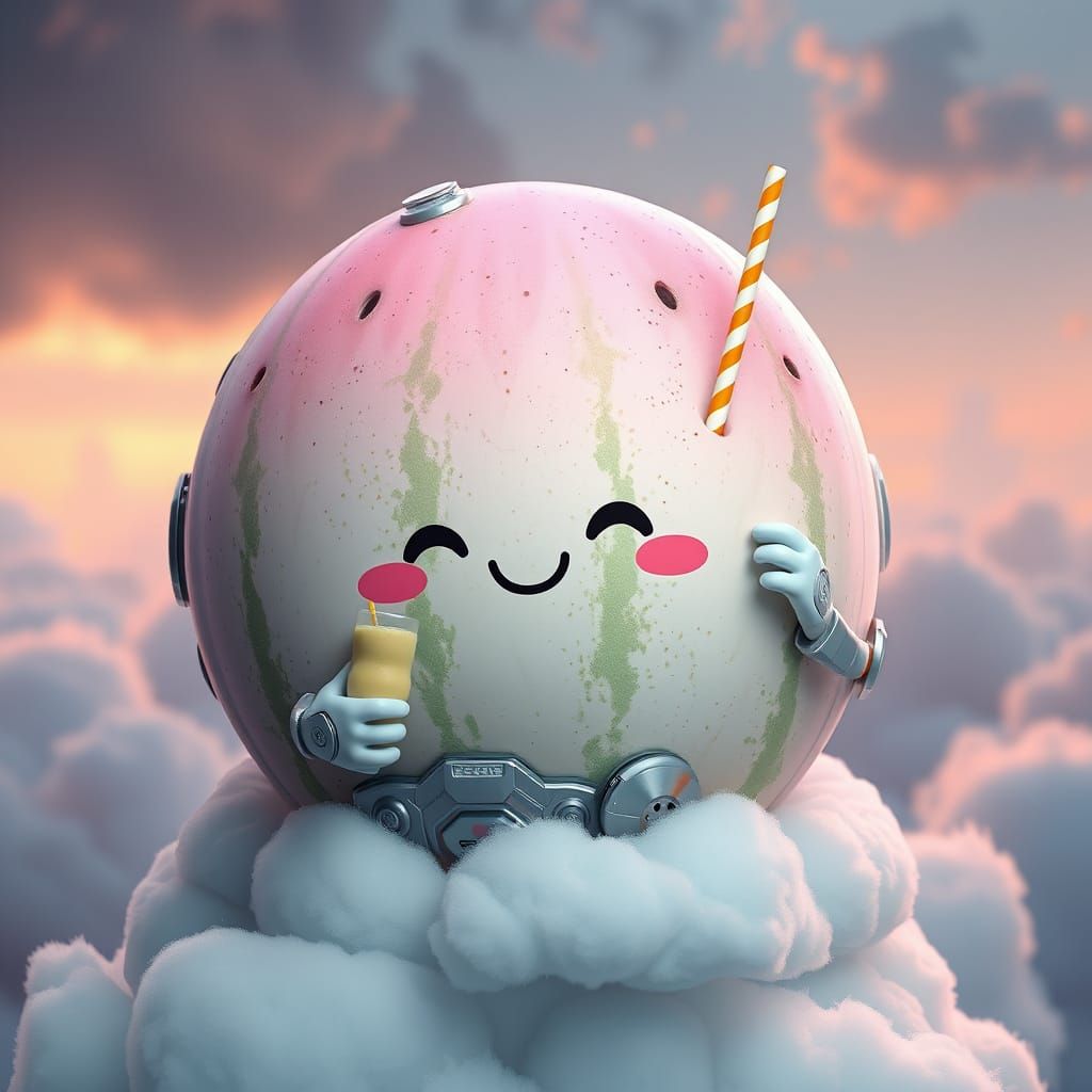 Kawaii Watermelon Drinks Milkshake in Sci-Fi Style