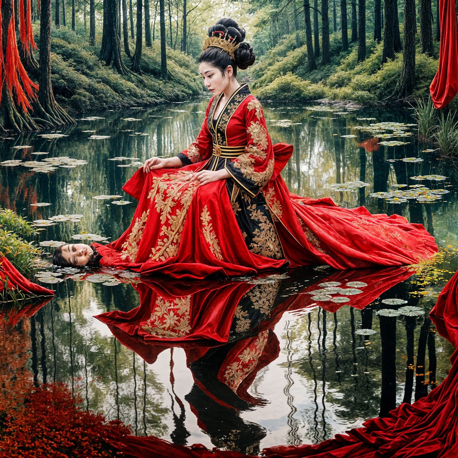 Japanese Empress Portrait with Forest in Dark Fantasy Style