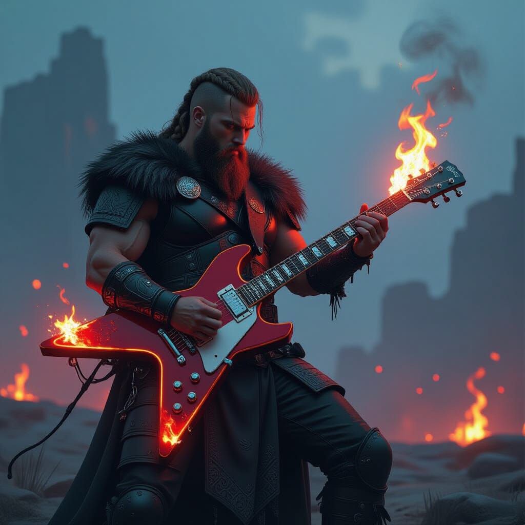 Viking Guitarist in Dystopian Cyberpunk Style