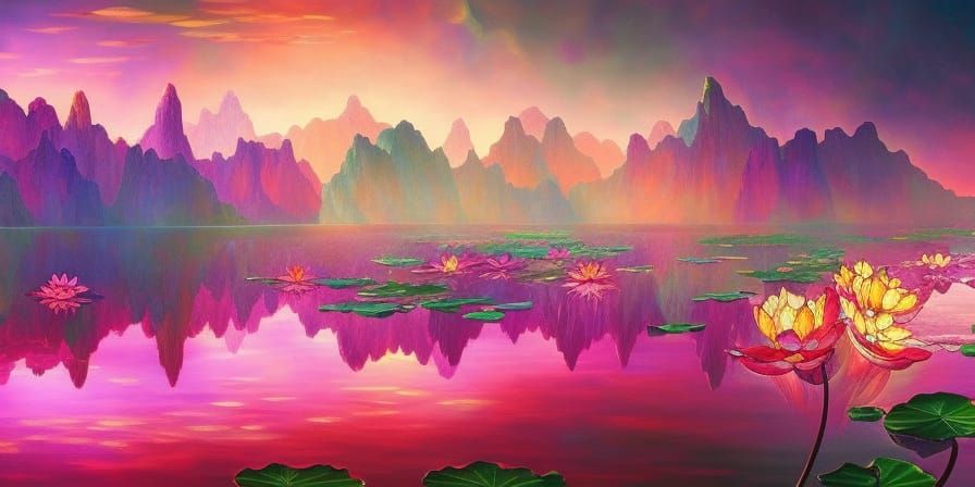 Stained Glass Lotus Lake Landscape in Digital Art