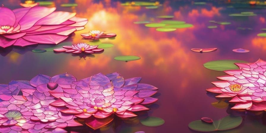 Stained Glass Lotus Lake Landscape in Digital Art