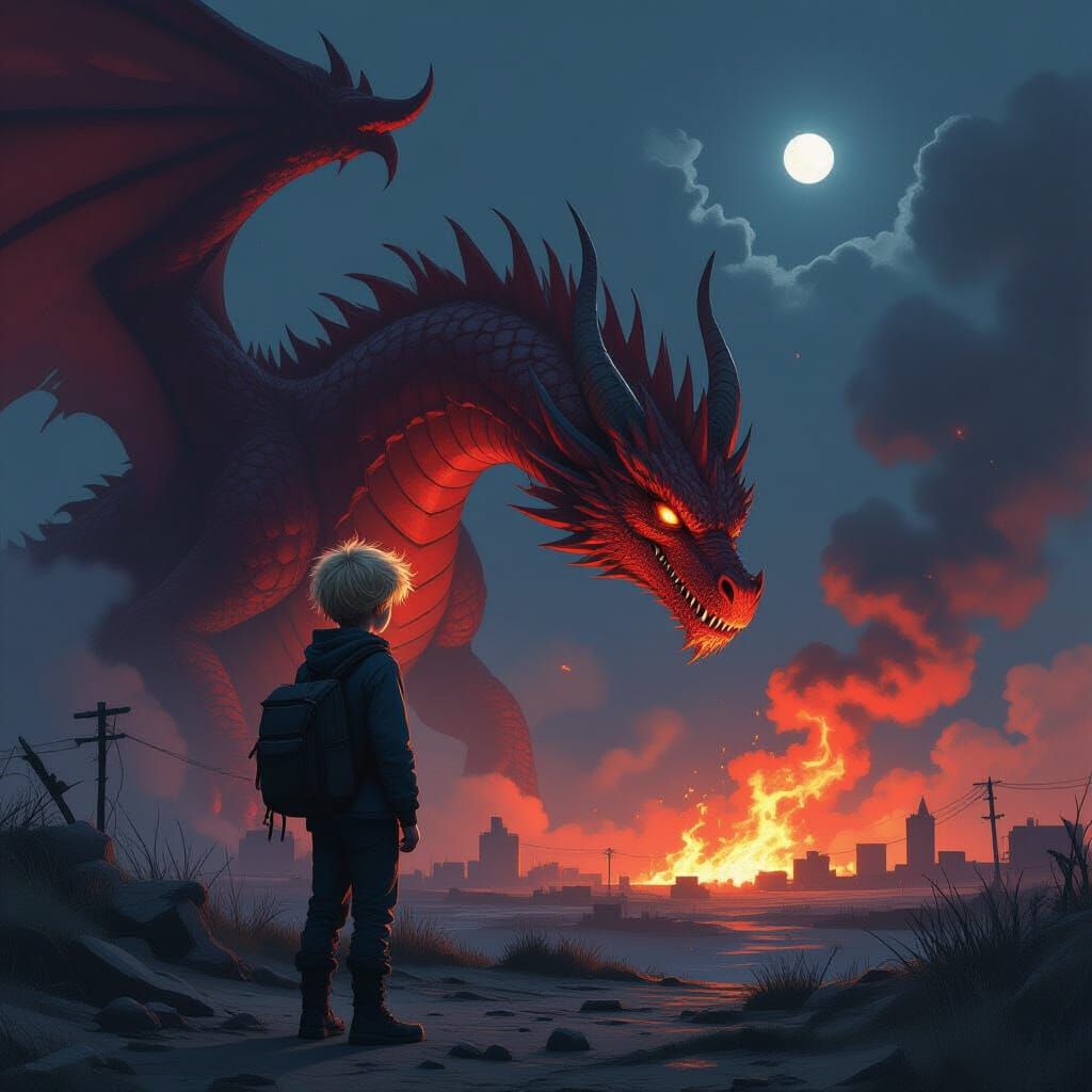 Boy and Dragon in War-Torn Landscape, Gritty Aesthetic