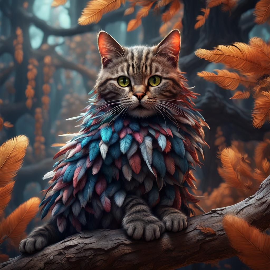 Feathered Feline: A Cat of Feathers in a Tree