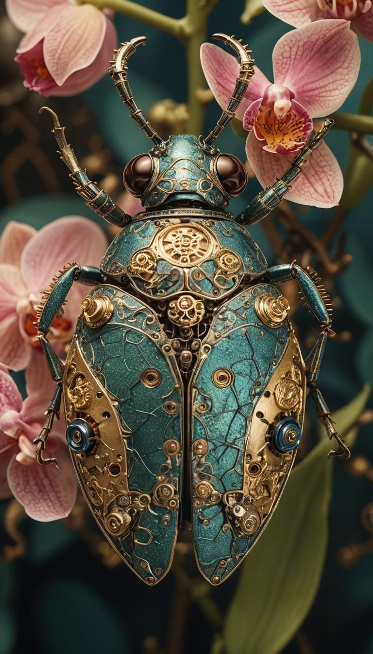 Mechanical Scarab Beetle on Orchids: Macro Photograph