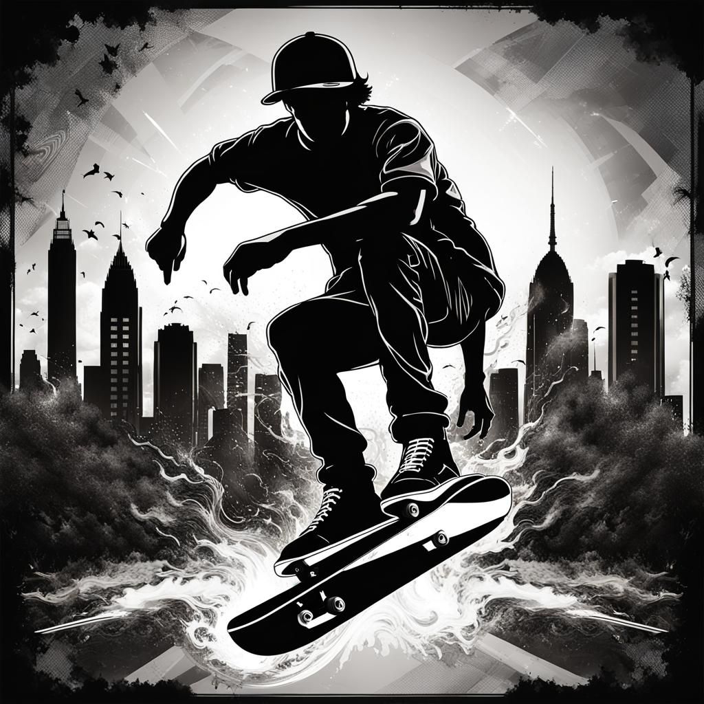 Skateboarder Silhouette Logo with Burning Cityscape
