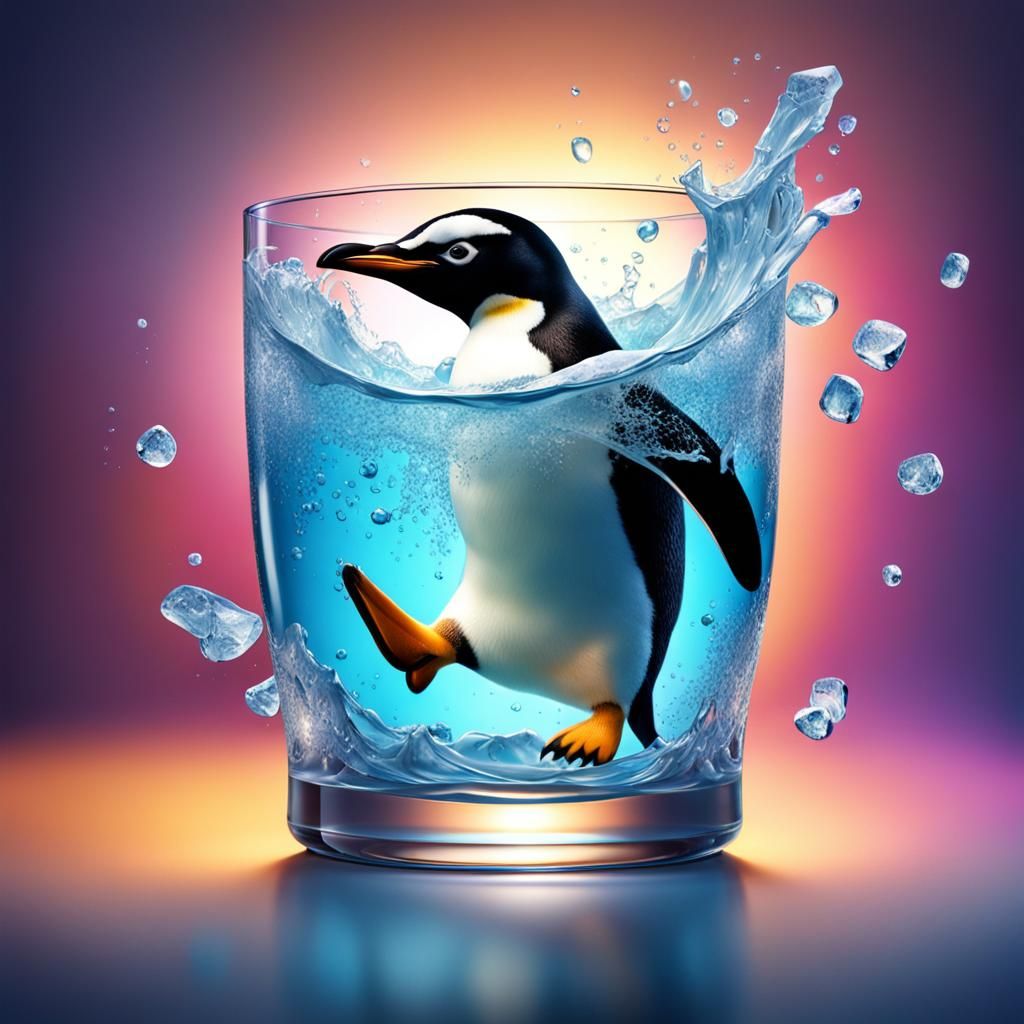 Penguin Leaps from Frozen Glass: Hyperrealistic Splash Art