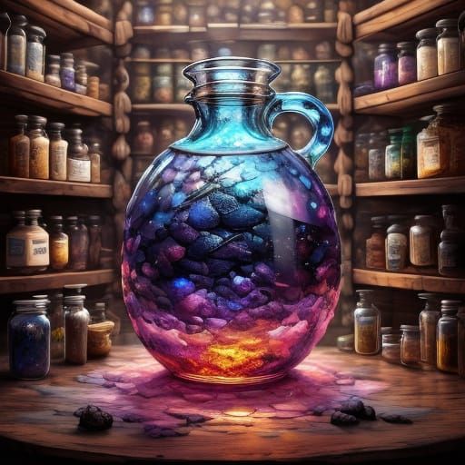 Baby Dragon Sleeps by Glowing Potion in Alchemist Cabinet