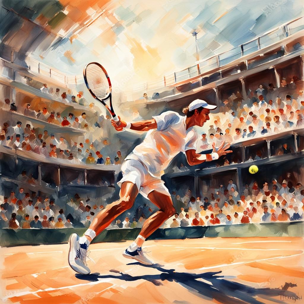 Tennis Player's Powerful Forehand: Gouache and Ink Style