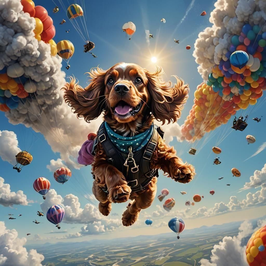 Cocker Spaniel Skydiving as Matte Painting