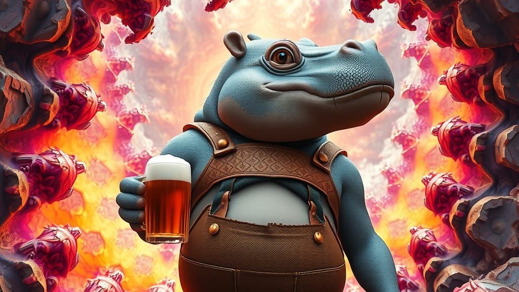 Vibrant Hippo-Peacock-Human Hybrid in Earthy Leather, Dungar...