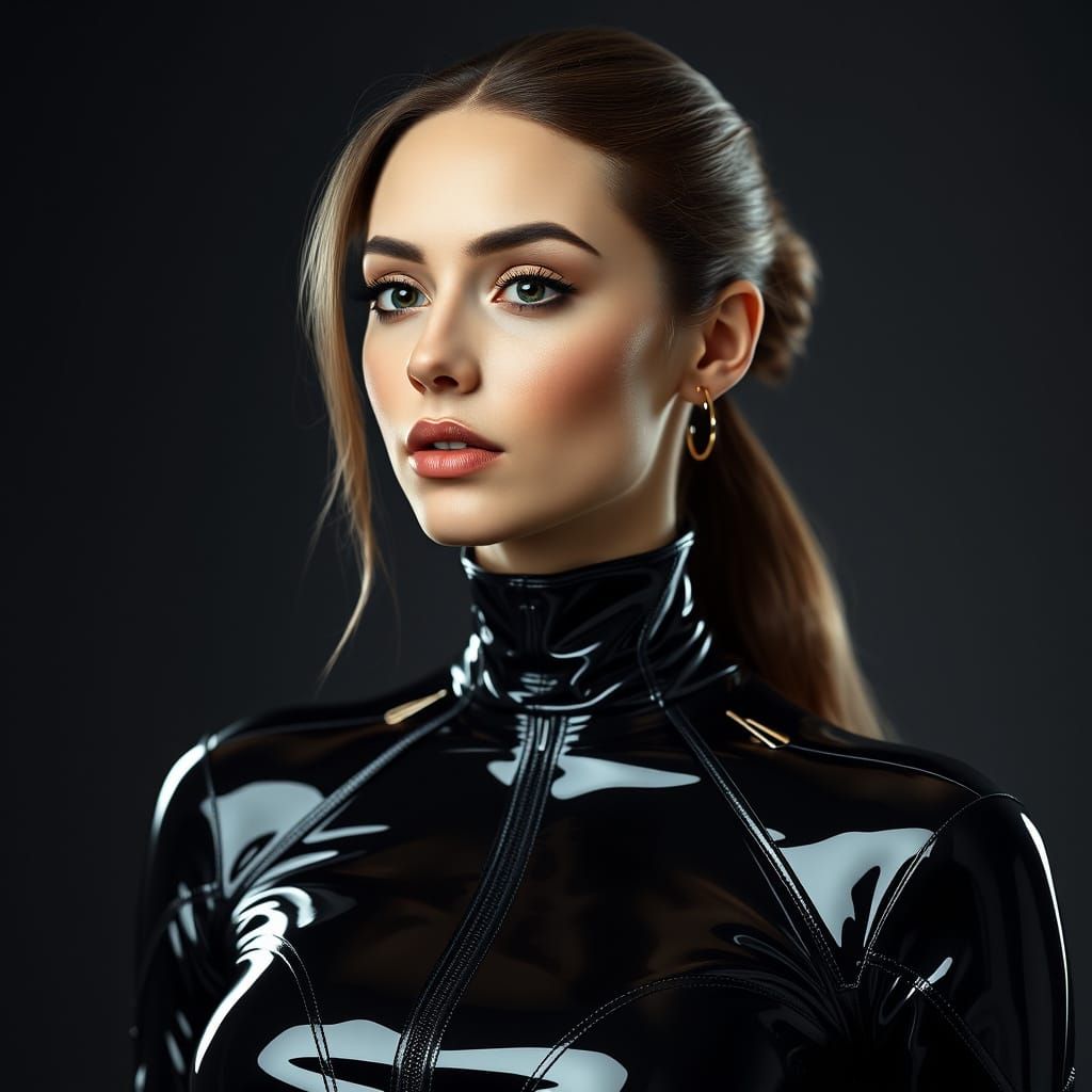 Hyperrealistic Woman in Shiny Latex Jumpsuit