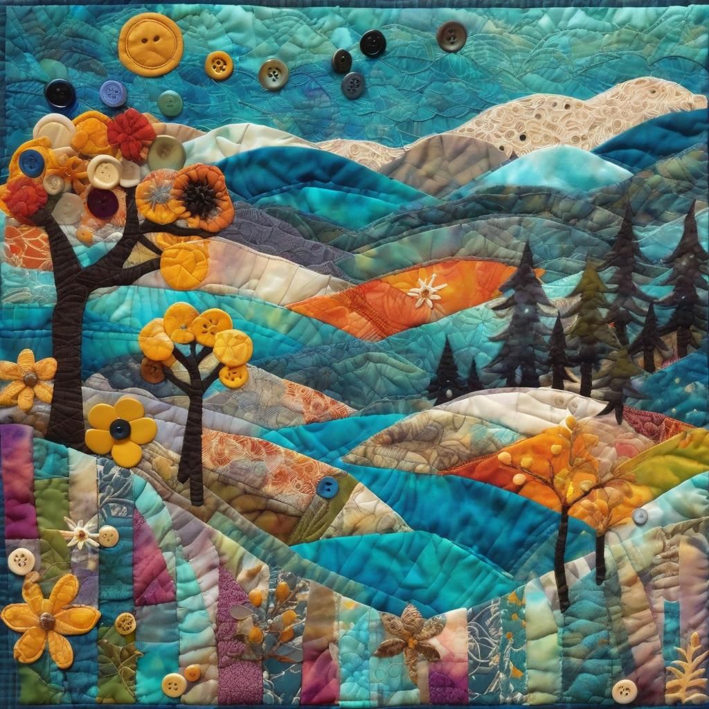 Primitive Mountainscape Mixed Media Fiber Art Quilt