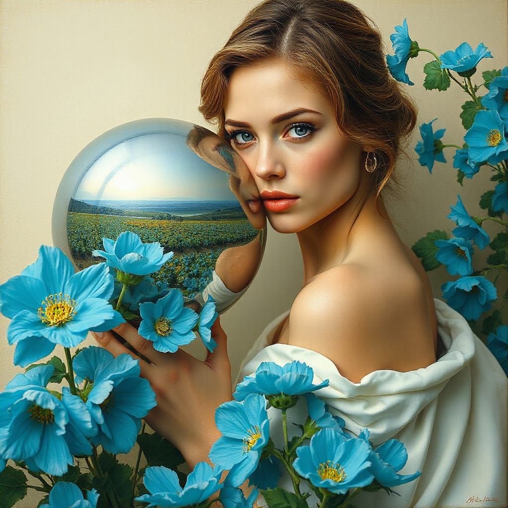 Turquoise Dream: Woman Reflected in Chrome Sphere