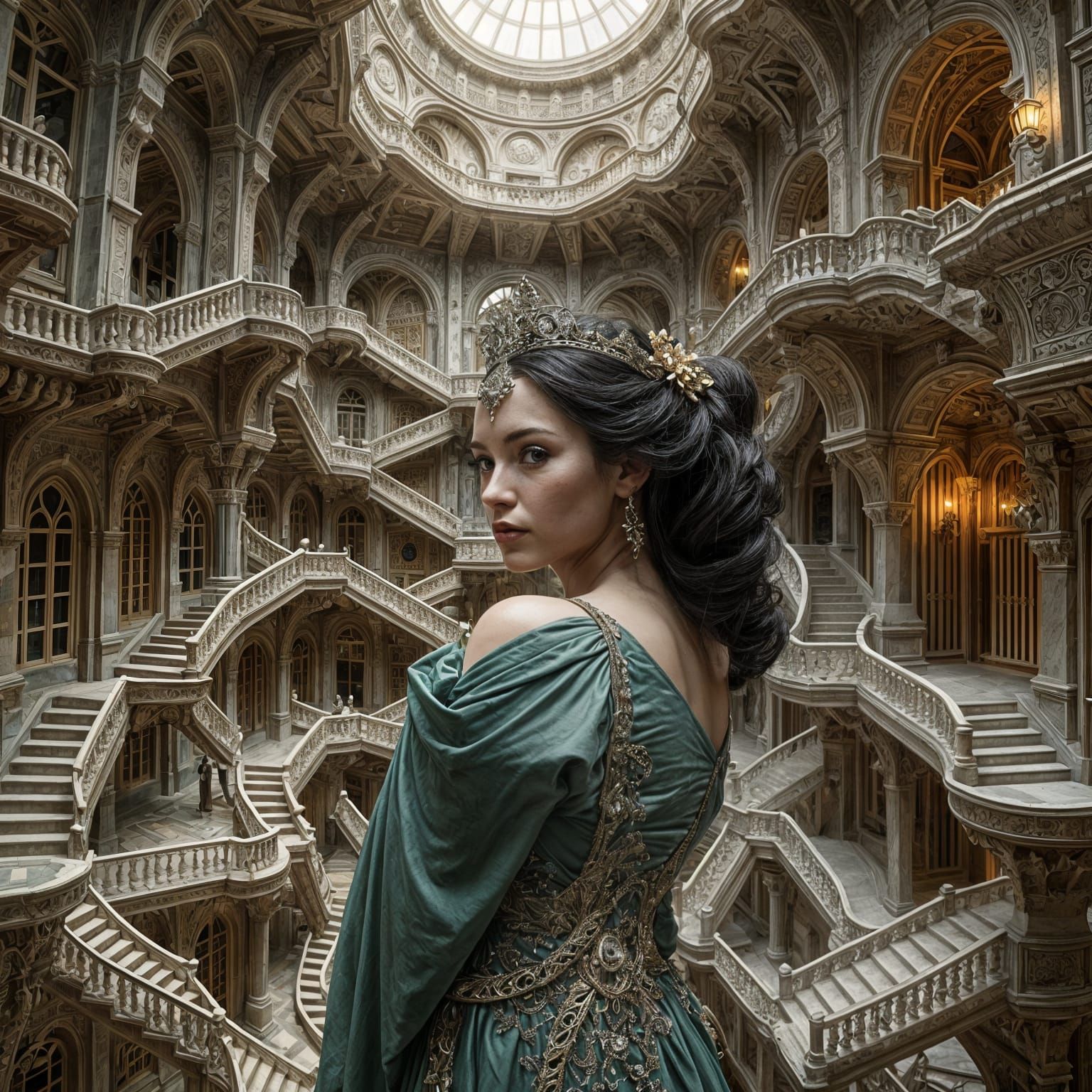 Hyperrealistic Woman in Escher-Inspired Artwork