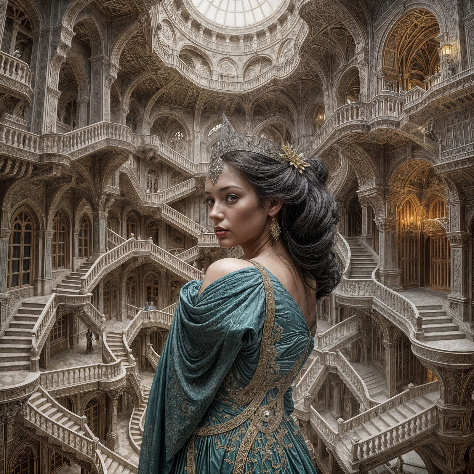 Intricate Hyperrealistic Artwork of a Woman in an Escher-Ins...
