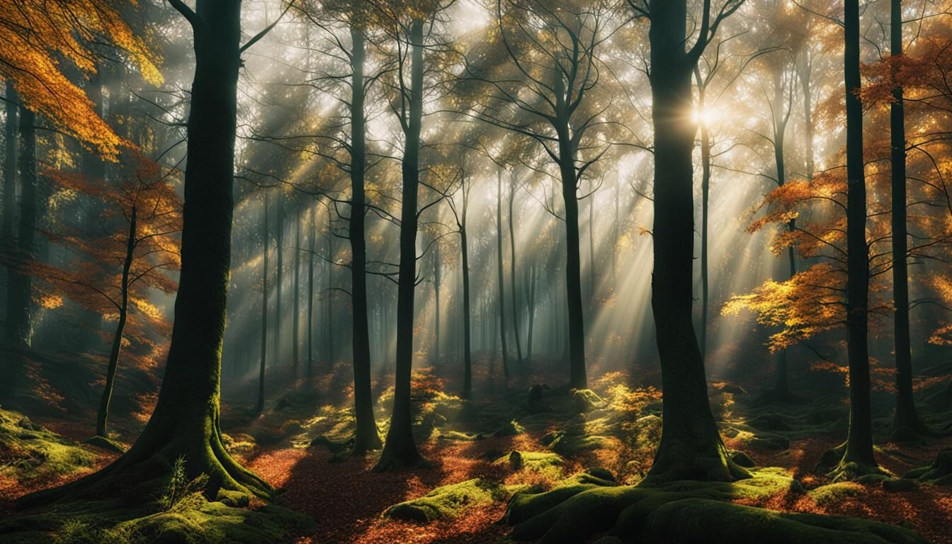 Autumn Forest with Sunbeams in Cinematic Style
