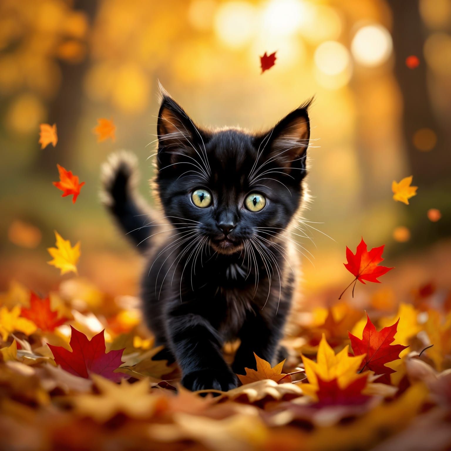Cute Black Kitten Playing in Fall Leaves