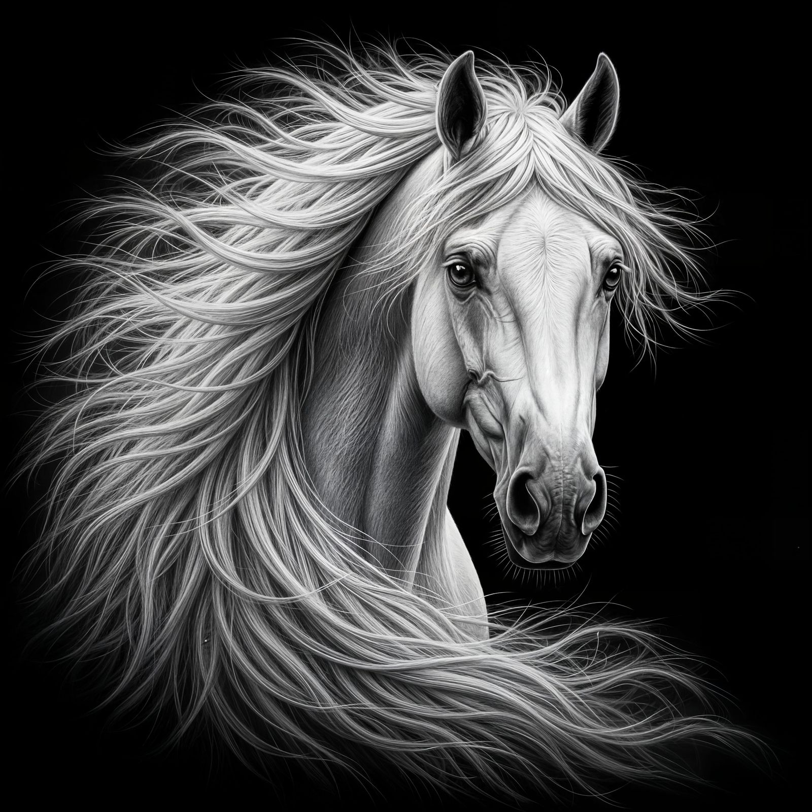 Majestic White Horse Graphite Sketch in Dramatic Windswept S...