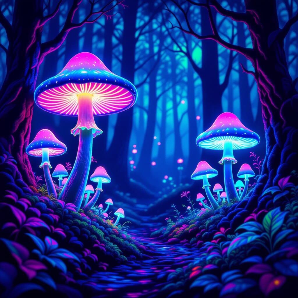 Psychedelic Neon Forest with Black-Light Mushrooms