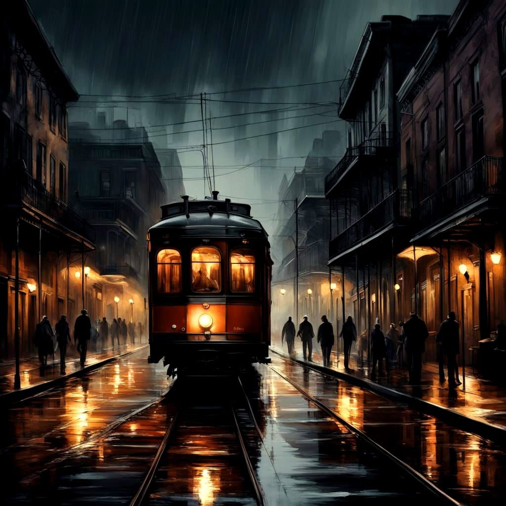 Train at Night in Sepia, Charcoal Drawing