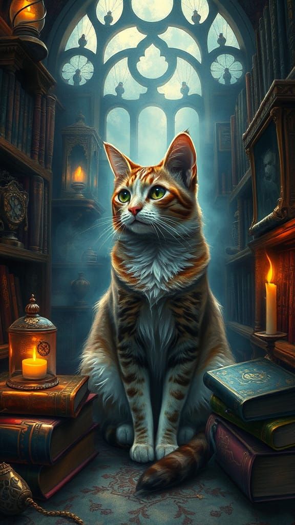 Mystical Cat in Ancient Library, Whimsical Alcohol Ink Art