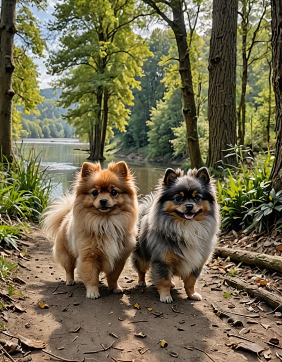 Pomeranian Puppy and Adult Walking Near River
